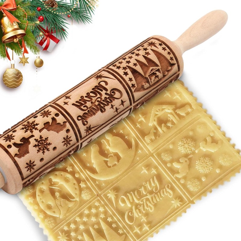 Embossed Rolling Pin for Baking Cookies Christmas Embossing Rolling Pins with De
