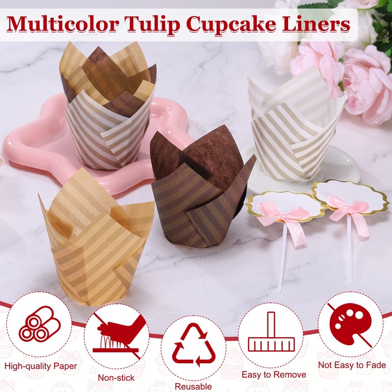 100Pcs Striped Tulip Cupcake Liners with 10Pcs Cheese Markers, White/Brown gallery