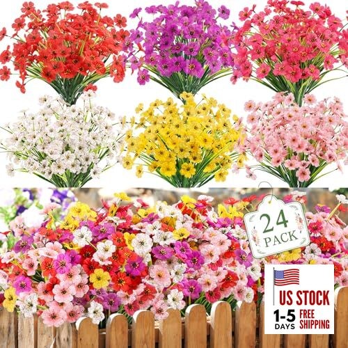 24 Bundles Artificial Flowers for Outdoors UV Resistant 24 PCS Mix Color 1