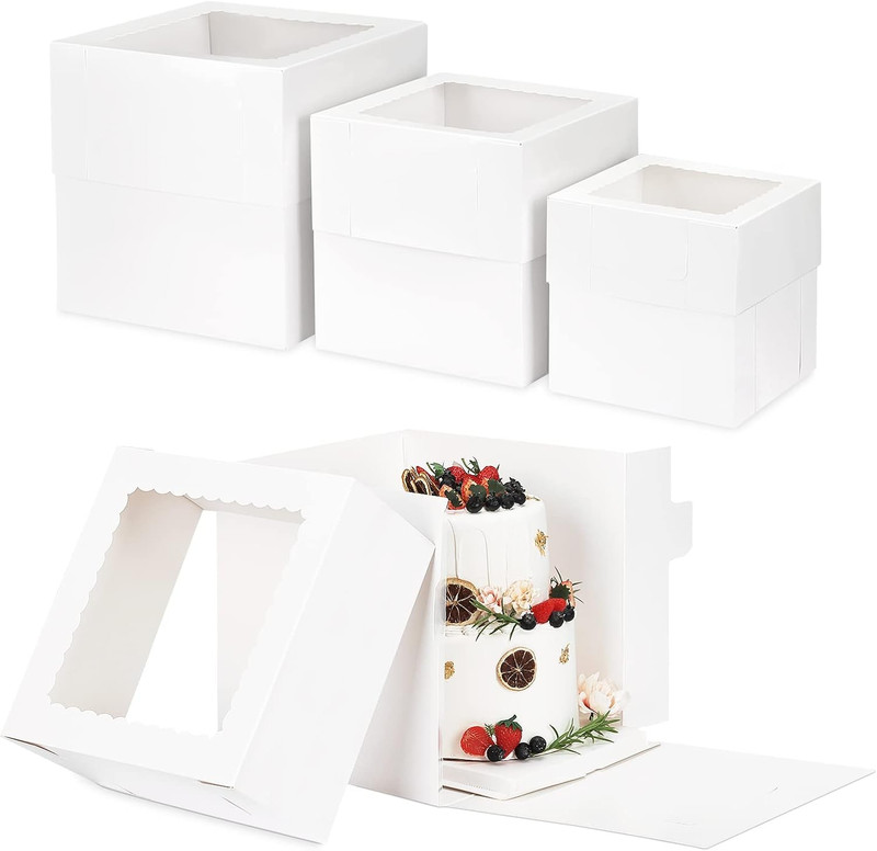 12 Pcs Cake Box, Tall Cake Boxes with Window in 3 Sizes 12X12X12 10X10X10 8X8X8 gallery
