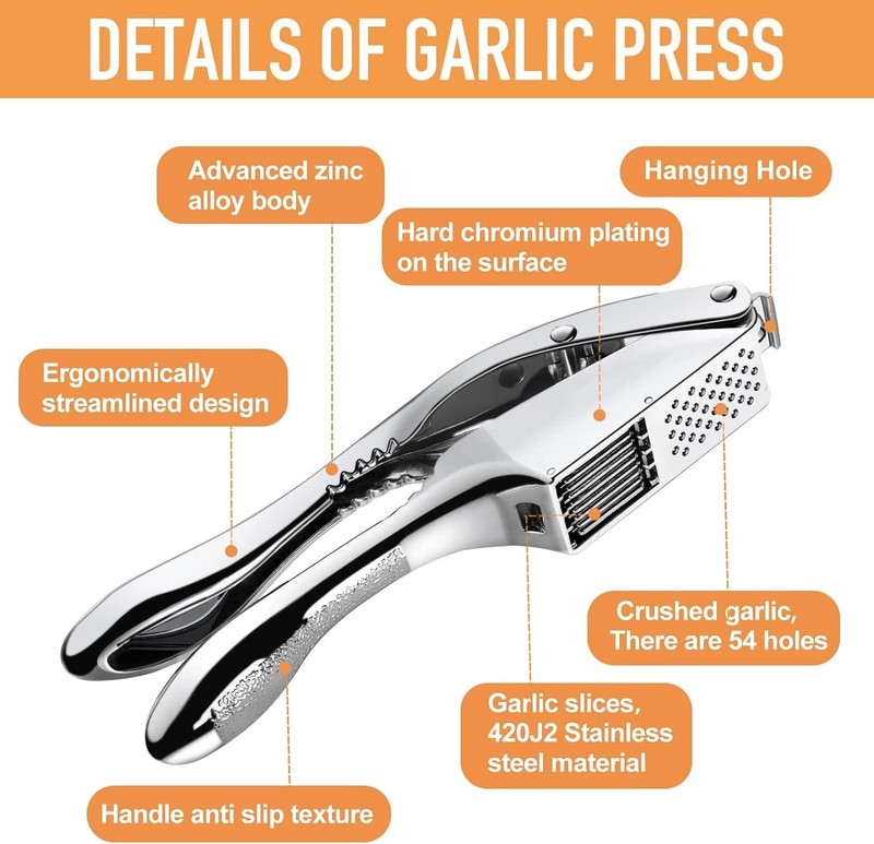 Garlic Press 2 in 1, Stainless Steel Blade, Effortlessly Crush, Small, Silver gallery