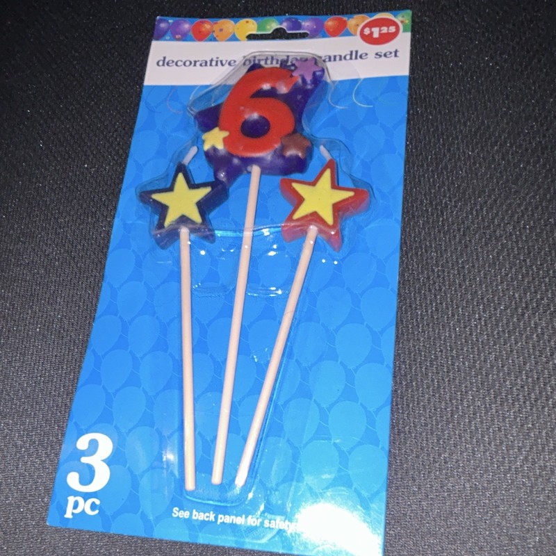 Birthday Cake Number Candles Set 3pc Number 6 & Star Design Multicolor