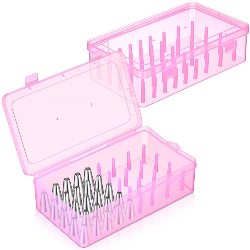 2 PCS Piping Tip Organizer Box Fixed Pins 84 Tips Cake Decoration Storage Pink