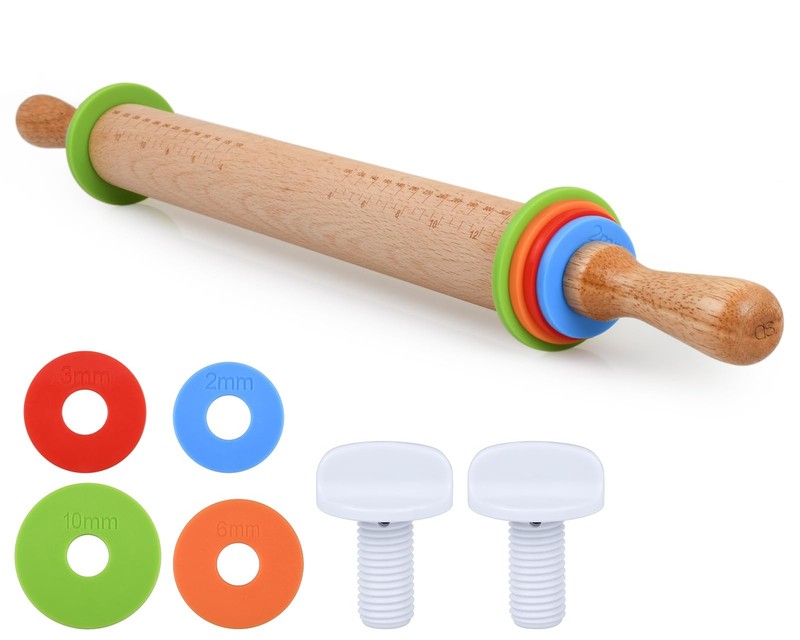 Victhur Rolling Pin with 4 Adjustable Thickness Rings and Long Medium, Brown
