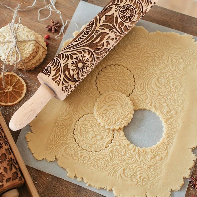 Embossed Wooden Rolling Pin Deep Engraved Snowflake Flower Design for Baking gallery