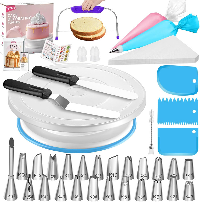 65 Pcs Cake Decorating Kit with Cake Stand Turntable, Cake Baking Supplies 30+1