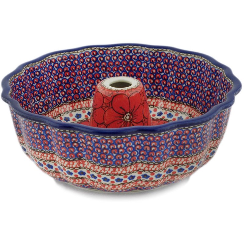 Polish Pottery Cake Mould 10-inch Crimson Poppies UNIKAT Handmade in Boleslawiec