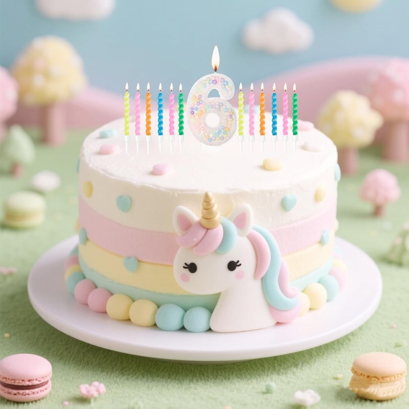 Ceya Number 6 Birthday Candles with 12 Pcs Pastel Rainbow Spiral Sparkle gallery