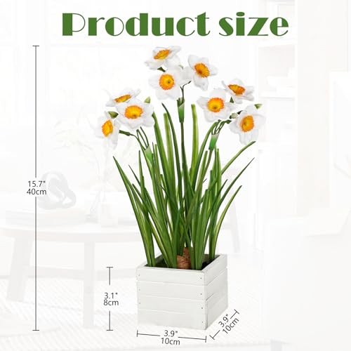 White Daffodils Artificial Flowers In Wood Planter #3 White in Wood Planter gallery