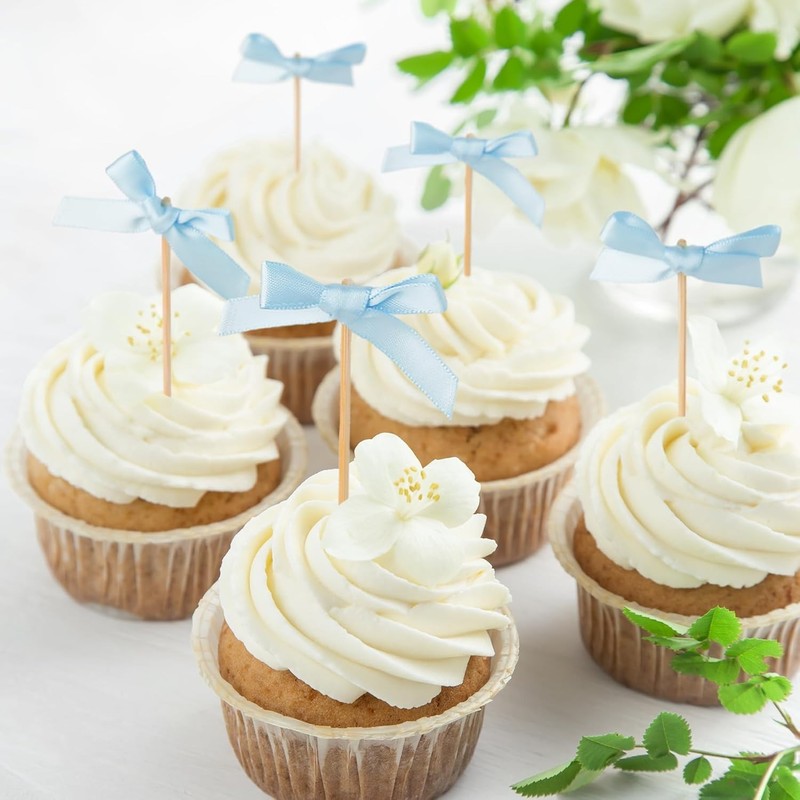 30Pcs Baby Blue Bow Cupcake Toppers – Shimmer Polyester Cake Decor for Coquette
