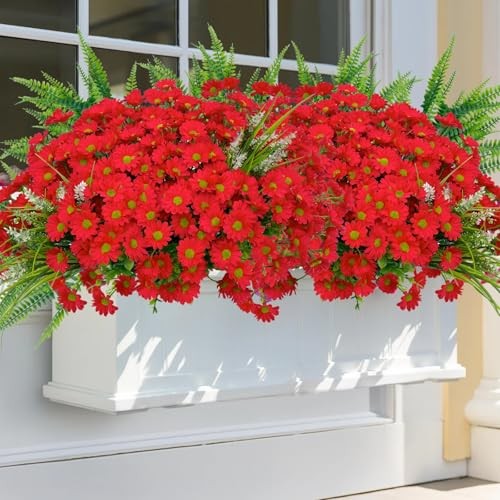 Artificial Mums Flowers Faux Plants for Fall Winter Outdoor Outside, 12 Red gallery