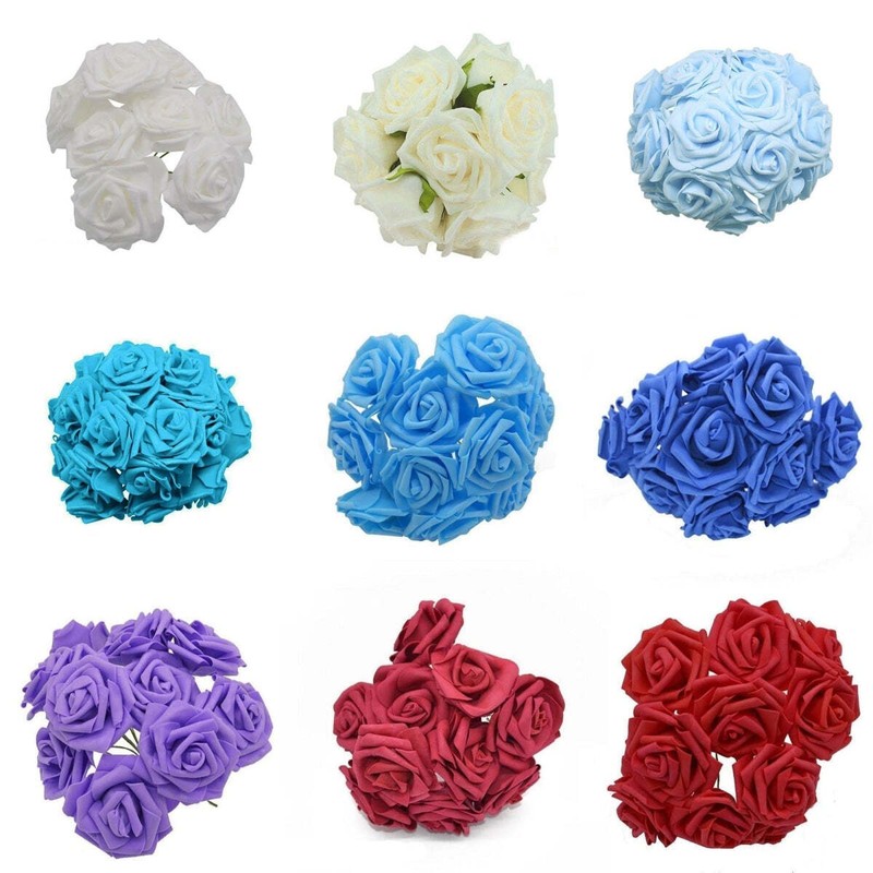 20pcs 7cm Artificial Flowers with Stems Foam Rose Fake Bride Wedding Set A