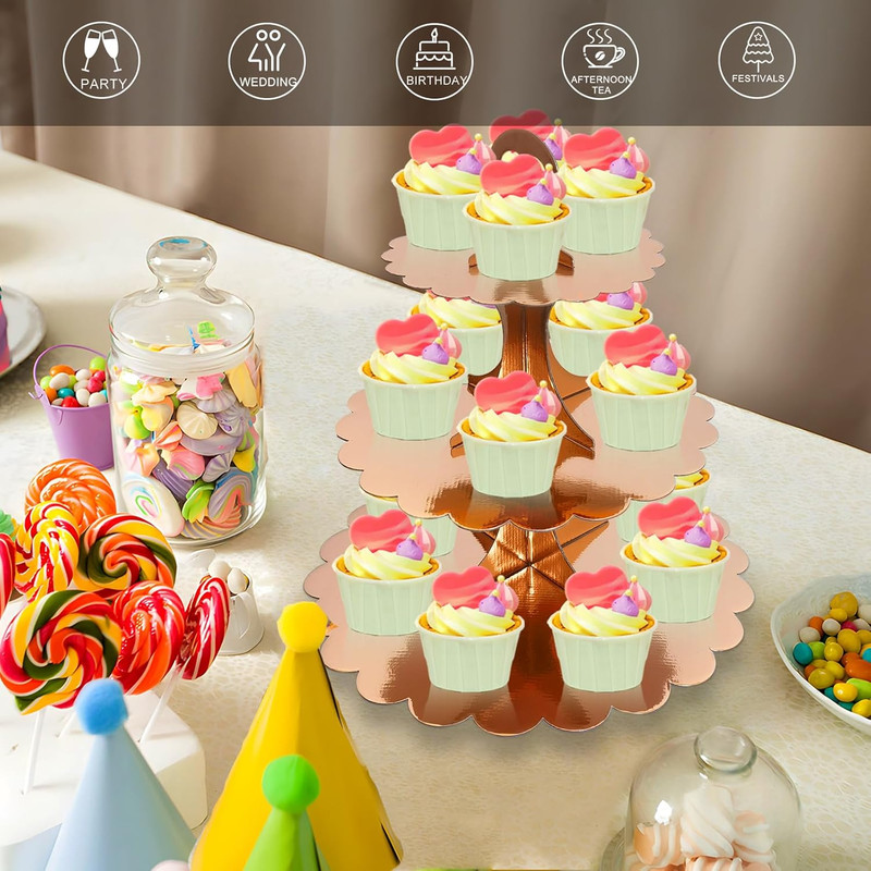 2 Pack 3 Tier Rose Gold Cupcake Stand for 24 Cupcakes, Cardboard Cake Tower for gallery