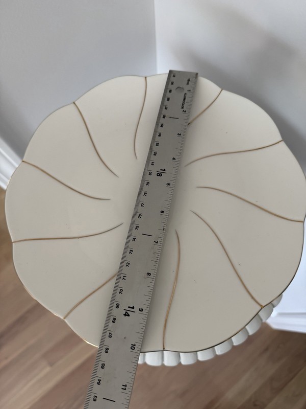 Vintage White & Gold Glossy Ceramic Pedestal Cake Stand Swirl 12 in Round gallery