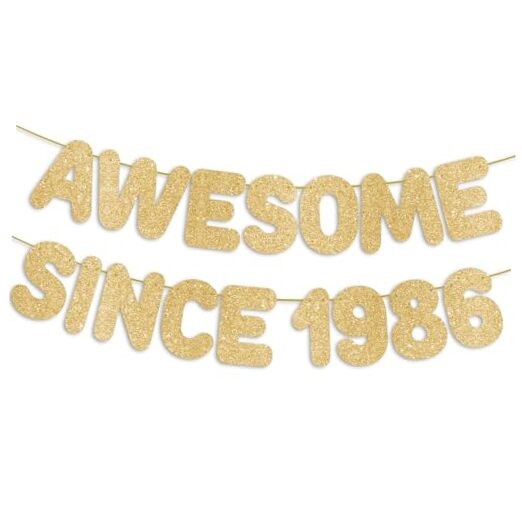Pre-Strung Awesome Since 1986 Gold Glitter Banner, Happy 40th Birthday