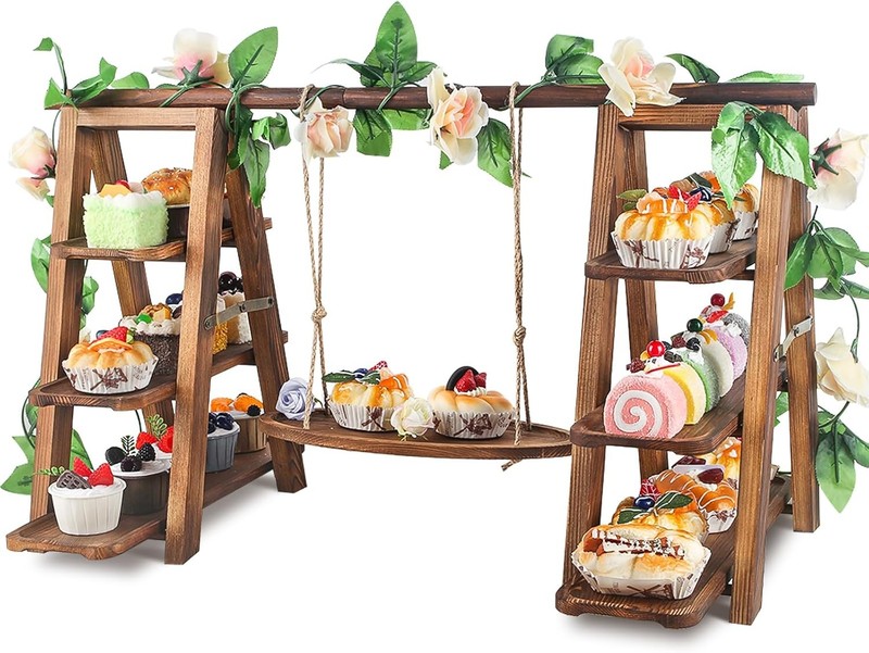 Wooden 3 Tier Cupcake Stand W/ Swing & Flower Decoration Serving Removable Tray