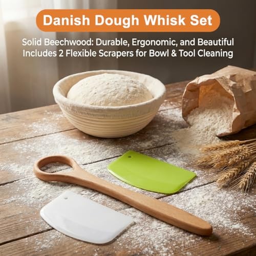 13-Inch Danish Dough Whisk, Traditional Dutch Whisk with Scraper, Long Handle gallery