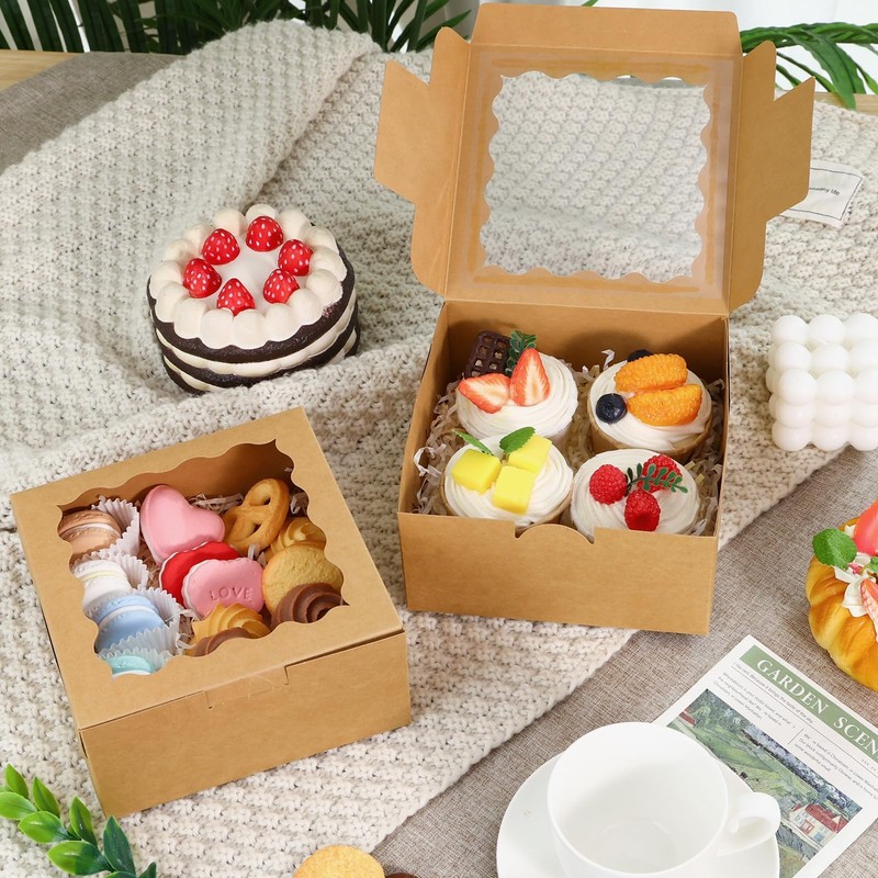 Cookie Boxes with Window, 6x6x3in Brown Bakery Boxes for Treats, Small Cake, ... gallery