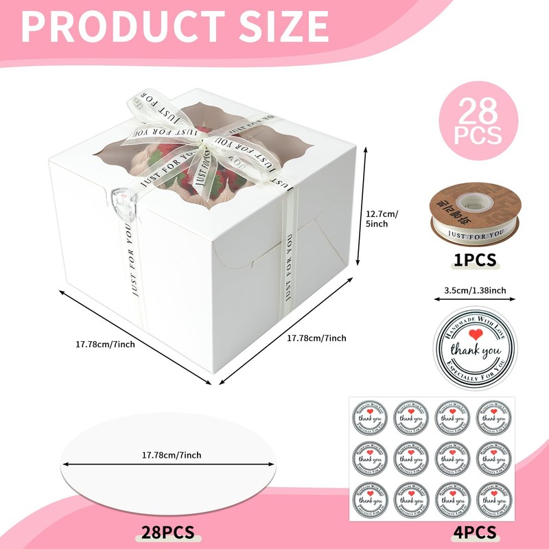 28 PCS White Small Cake Bakery Boxes Clear Window Lids Fits 7x7x5 Inch gallery