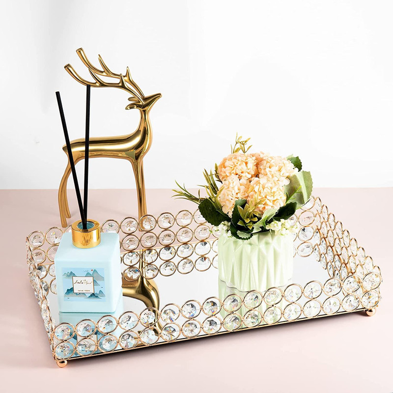 Feyarl Large Crystal Rectangle Mirrored Tray Cosmetic Vanity Gold gallery