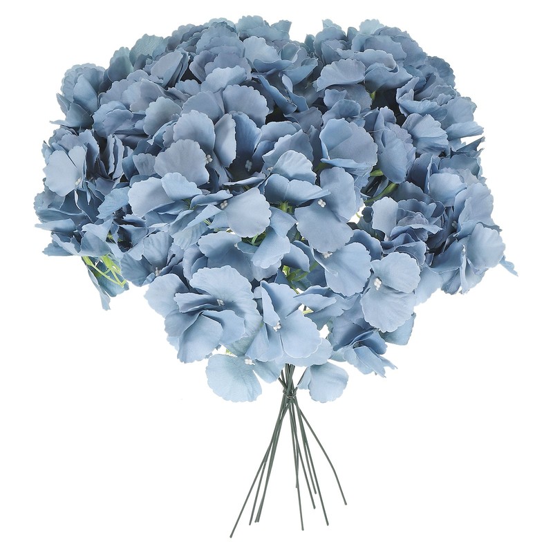 10Pcs Artificial Silk Hydrangea Flower Heads with Stems for Decor, Grey Blue