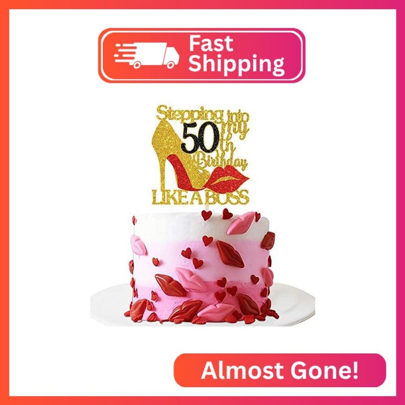 Gold Red Glitter Stepping into 50 Cake Topper – 50th Birthday Cake Decor – Stepp