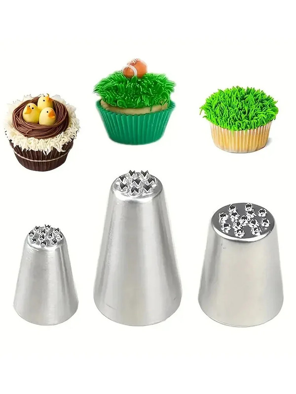 3Pcs Stainless Steel Cake Decorating Set Seamless Icing Tips&Grass Piping Nozzle