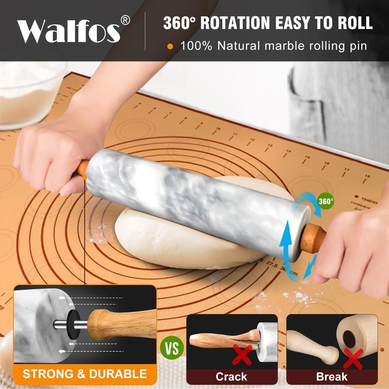 Stylish Marble Rolling Pin Set with Easy-Clean Silicone Pastry Mat - 16.5 In gallery
