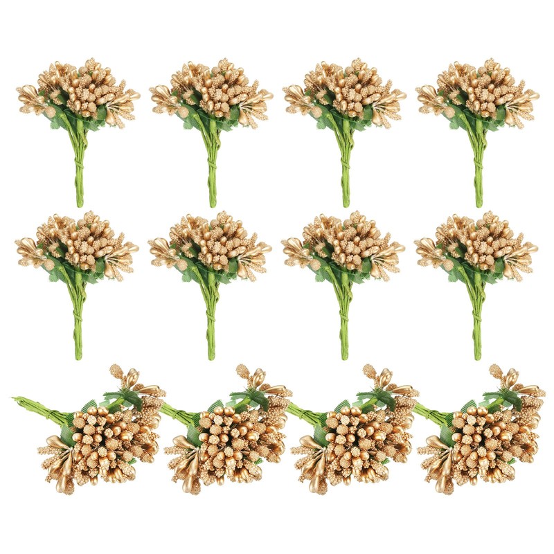 144Pcs Mini Artificial Pip Berry Picks Bunch Fruit Flower Stamens Gold Tone