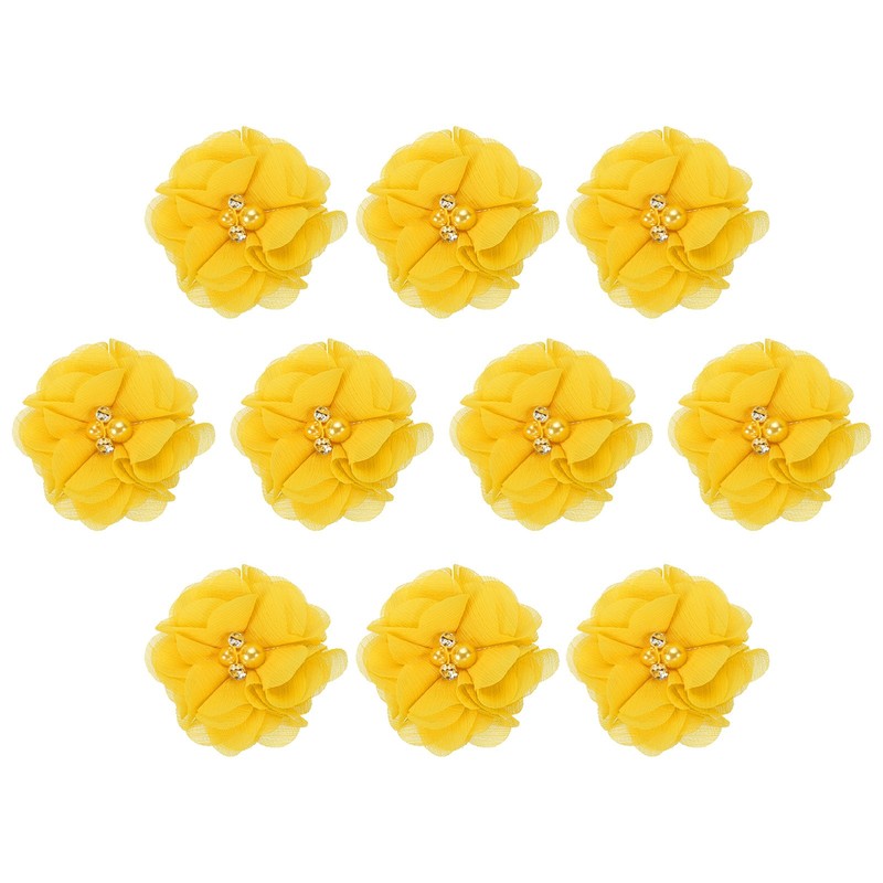10Pcs 2″ Chiffon Flower with Rhinestone Pearl Appliques Embellishments Yellow
