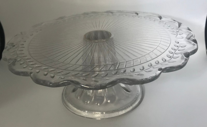 Vintage Clear Depression Glass Cake Plate Pedestal Stand Embossed Laurel Leaves