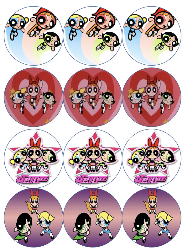 12 Powerpuff Girls edible paper, cupcake, cookie, oreo, drink toppers