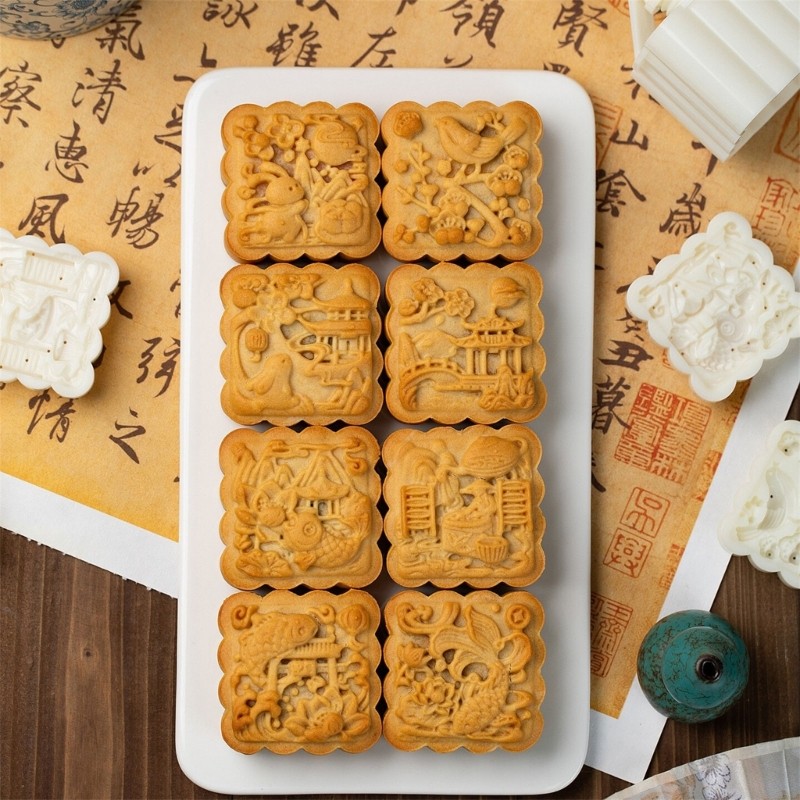 Square Mooncakes Press Molds Set 4Pcs Cultural Pattern 75g Baking gallery