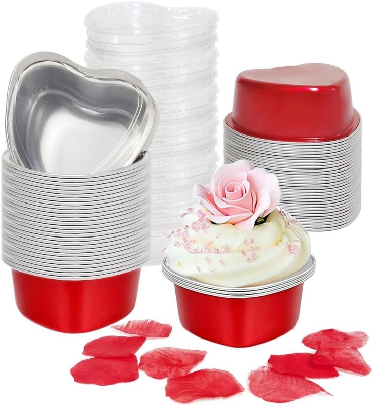 Heart Shaped Cake Pans for Baking with Red Petals, BLVRYVIO 50 Sets Aluminum Cup