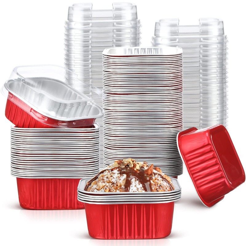 100 Pcs Mini Square Red Baking Cups with Lids 5oz Aluminum Foil Mini Cake Pan…