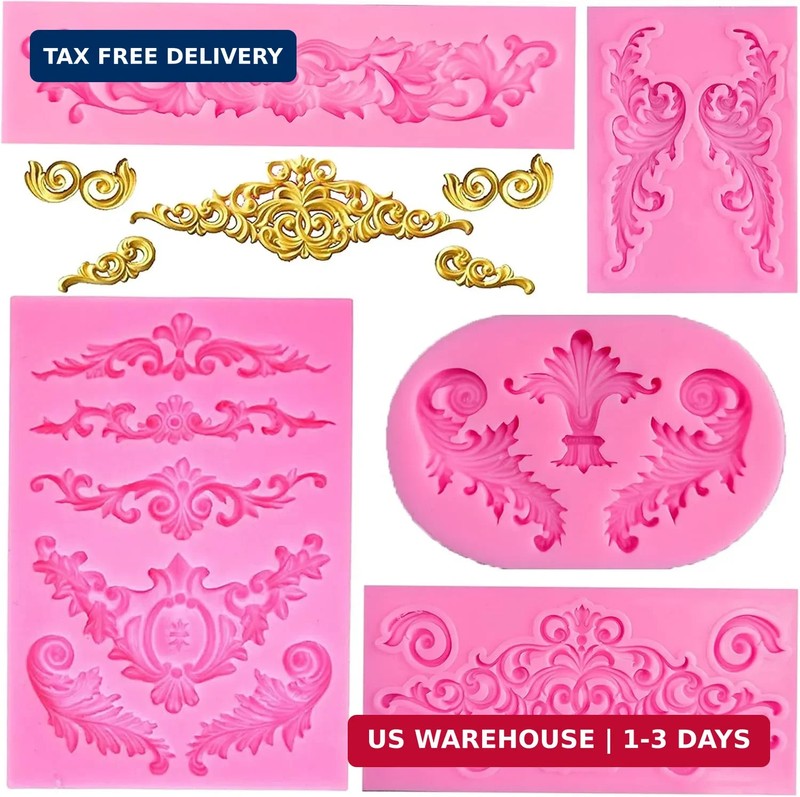 Rainmae 5 Pcs Baroque Style Curlicues Scroll Lace Fondant Silicone Mold, Relief