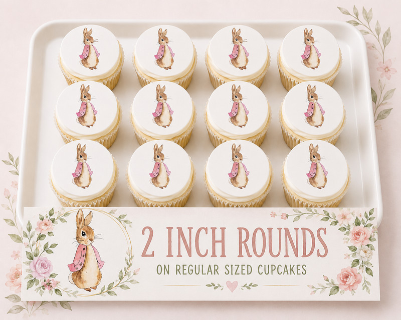 12 pc. Beatrix Potter, Peter Rabbit PINK edible image rounds, choose sz. PRE CUT