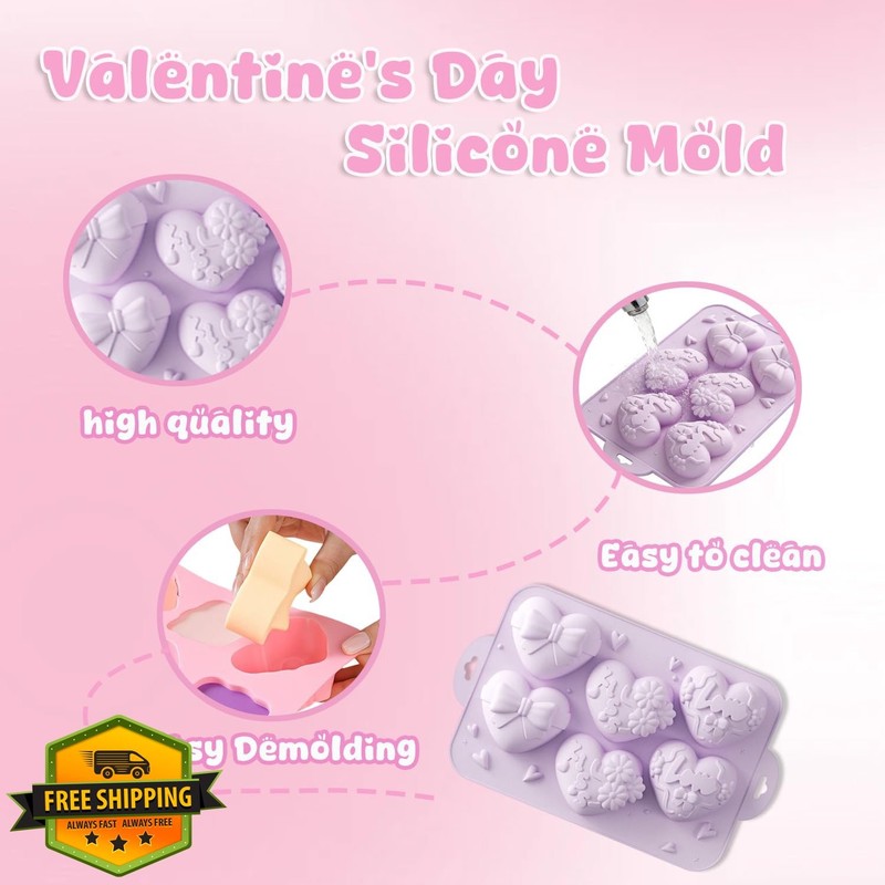 Heart Silicone Mold, 6 Cavity Purple Chocolate Candy Baking Mold