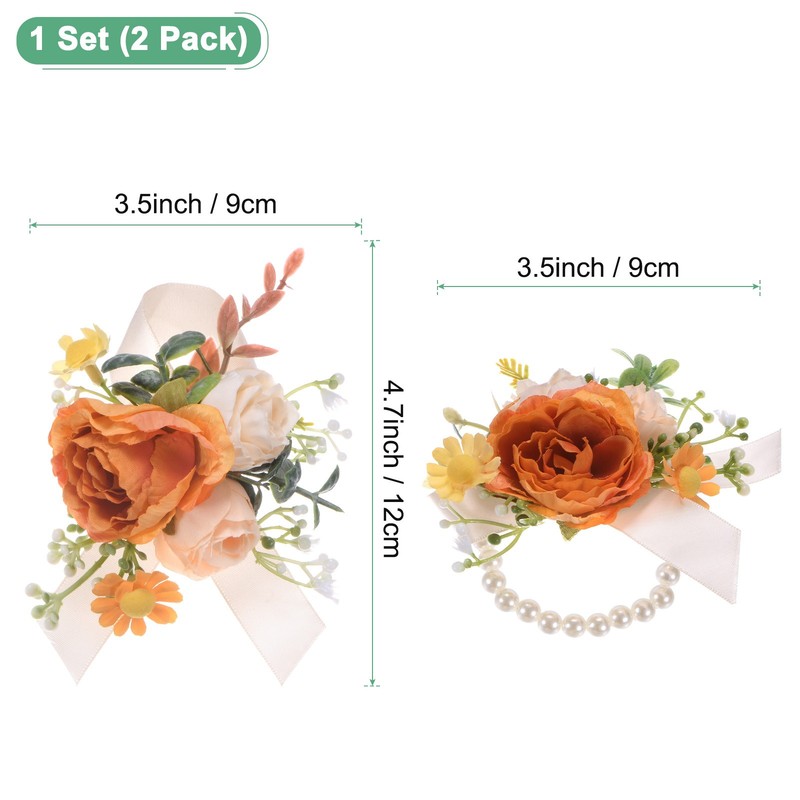 1-Set Wrist Corsage and Boutonnieres Set, Artificial Camellia Flower [Orange] gallery