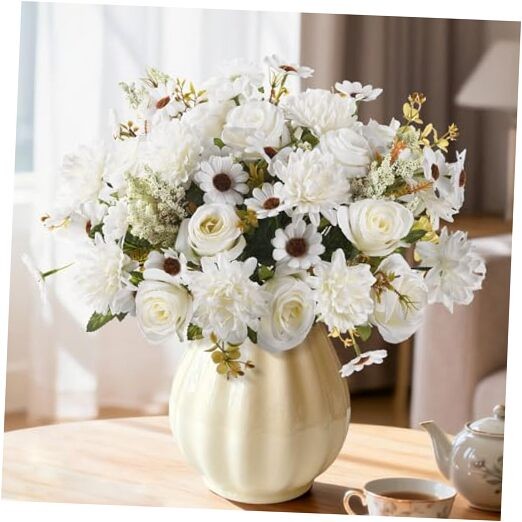 Artificial Fake Flowers for Spring Decoration, 4 Pcs Faux Silk Flower White