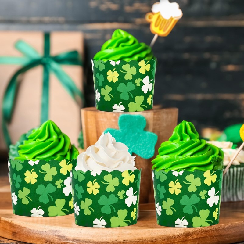 100Pcs St. Patrick's Day Paper Baking Cups Green White Shamrock Cupcake Wrapp... gallery
