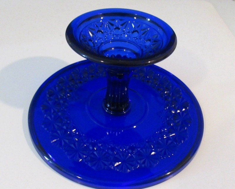 Vintage Cobalt Blue Cut Glass 9.75” wide by 5.25” high Footed Cake Stand EUC gallery