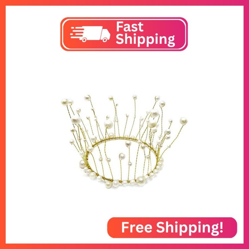 "Honbay Handmade White Pearl Gold Crown Cake Topper Cake Decoration Queen Prince
