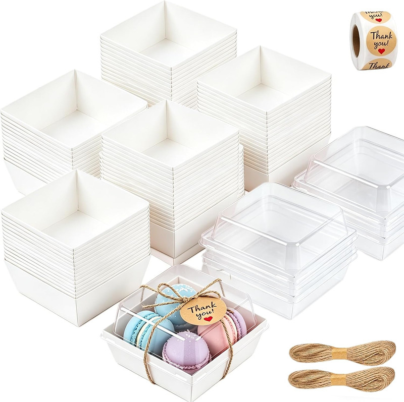 100 Pack Charcuterie Boxes with Clear Lids, White Paper Cake Sliced Boxes, 5 Inc