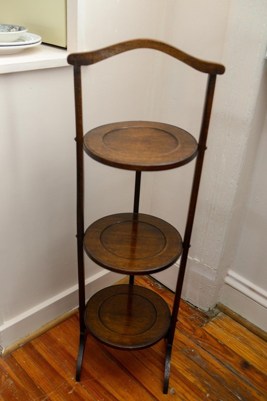 Oak Edwardian English Tilting Muffin Cake Stand Folding Server gallery