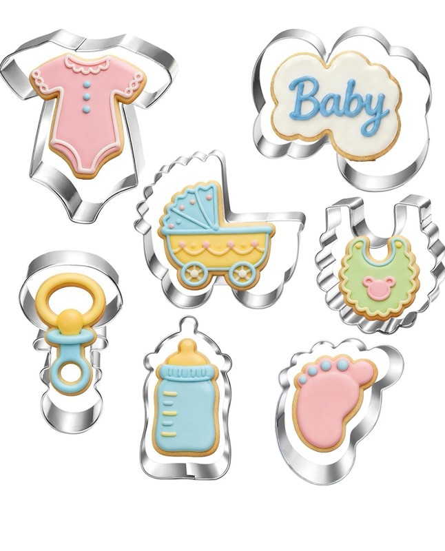 Baby Shower Cutters Set – Rattle, Bottle, Bib, Stars, Clouds, Moon, Foot – 14 Pc