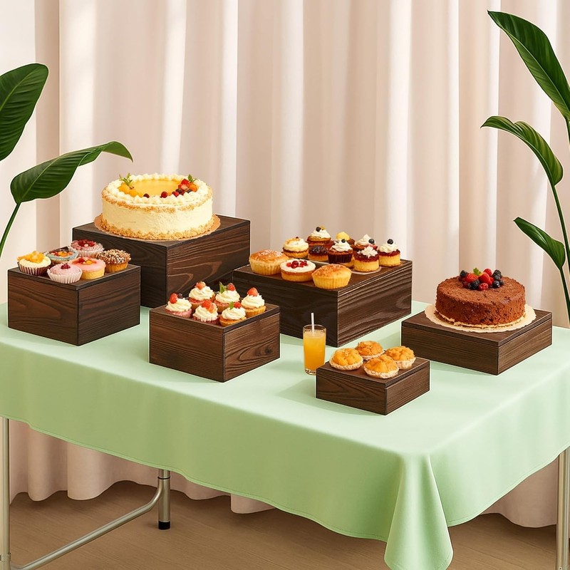 6-Pack Wood Risers Display Stands Multi-Height Food Risers Buffet Table Rustic gallery