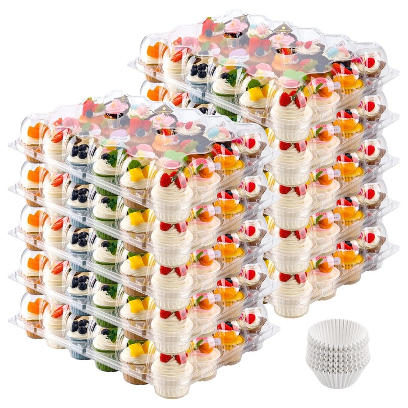 24 Cupcake Containers with Lids, Stackable Plastic Holders & 240 Liners, BPA Fre