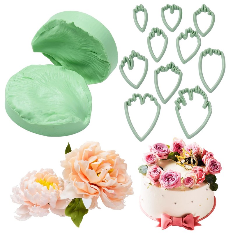 Flower Silicone Mold, 10 Pcs Gumpaste Cutters, 2 Pcs Peony Petal Fondant Vein…