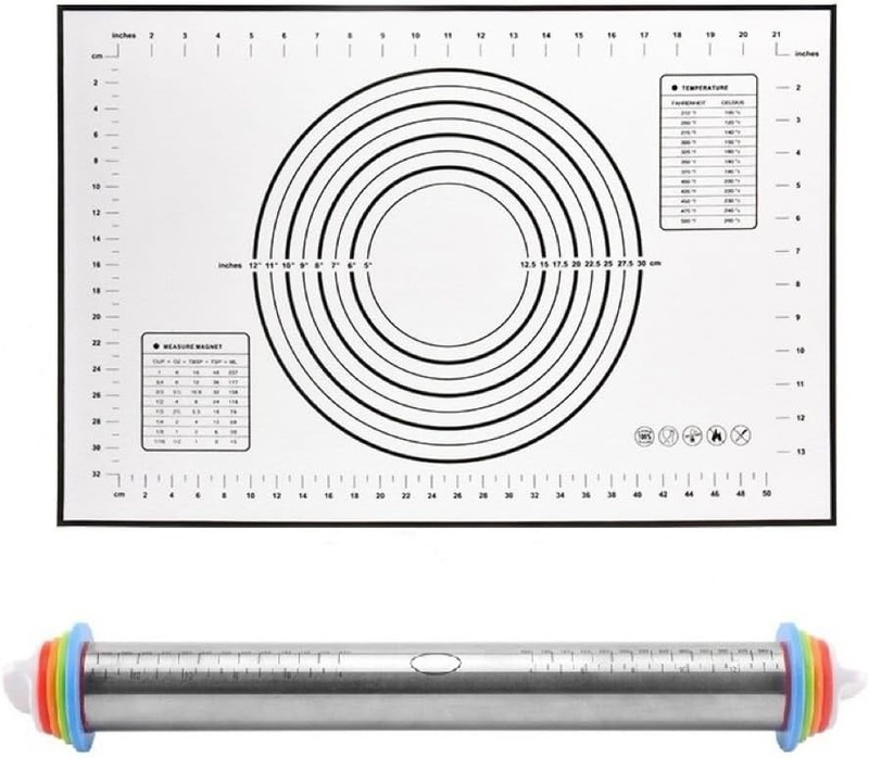 Rolling Pin and Silicone Baking Pastry Mat Set, Stainless Steel Dough Black gallery
